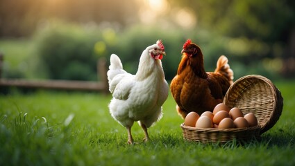 Fototapeta premium Close-up of fragile brown eggs and hen on farm grass for food and agriculture