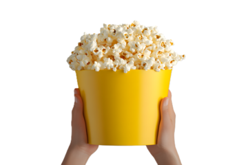 Hands holding popcorn at the movie theater, placed on white or transparent background 