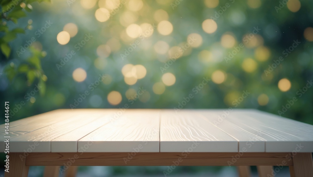 Poster Empty white wooden tabletop with blurred bokeh backdrop, Template mockup for product display