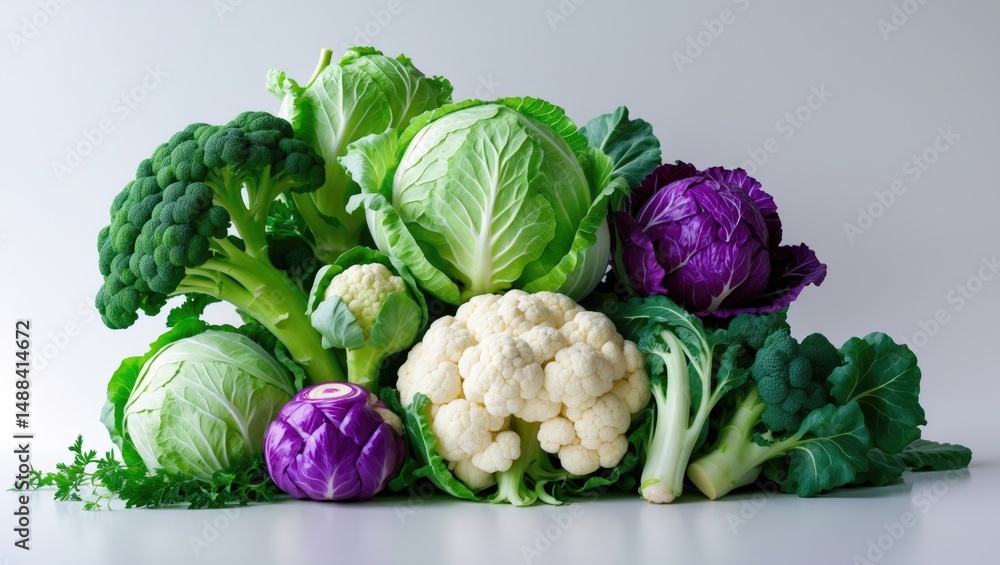 Poster different varieties of cabbage on a plain background