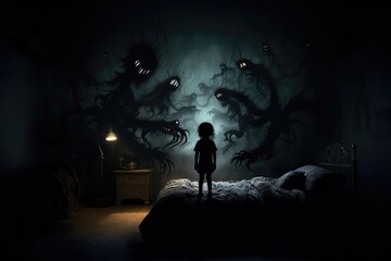 Dream scare view: Young child observes creature outline on wall, evoking nightmare fear, bedtime tension, nighttime vision, shadow fright, eerie thought, sleep unease, quiet panic, fantasy threat