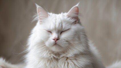 Adorable white cat shyly with closed eyes