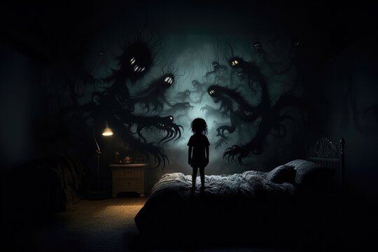 Dream scare view: Young child observes creature outline on wall, evoking nightmare fear, bedtime tension, nighttime vision, shadow fright, eerie thought, sleep unease, quiet panic, fantasy threat