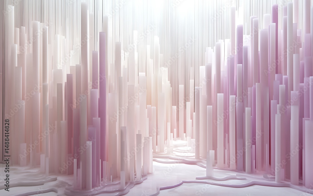 Aufkleber abstract columns installation with light pink and white hues and vertical strings