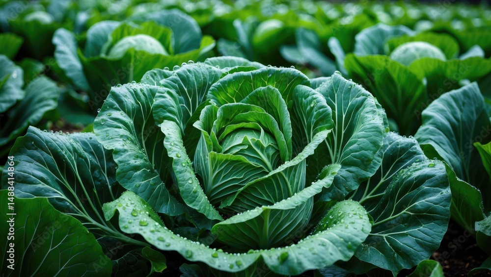 Poster close-up view of cabbage plants thriving in a field.