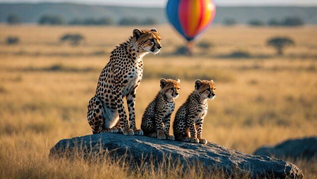 Fototapeta African grassland safari featuring a cheetah mother with her three cubs on a rock and a hot air balloon floating overhead