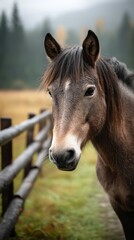 Naklejka premium Close-up of a horse looking towards the camera in a serene countryside setting during a foggy morning