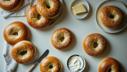 Light table top view of freshly baked sourdough-style bagels topped with cheese