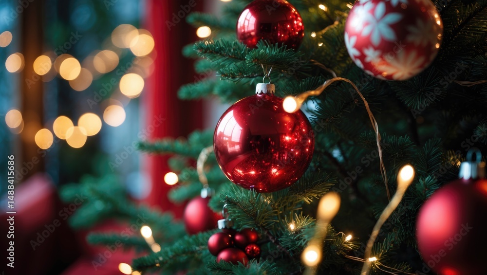Aufkleber Zoomed-in view of ornaments on a tree with bokeh garlands in the backdrop
