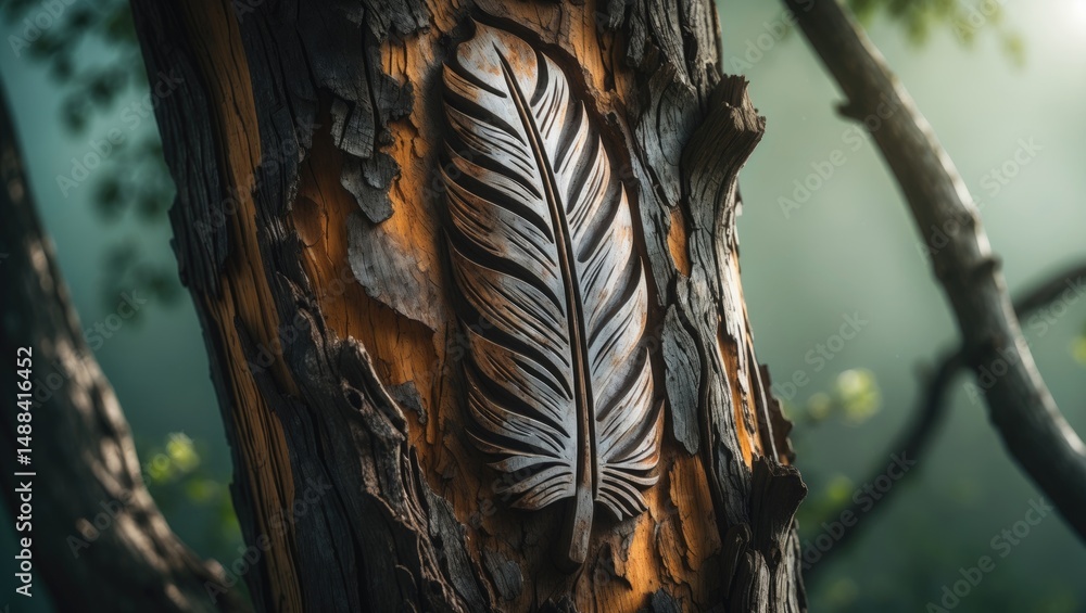 Aufkleber texture and pattern of tree trunk bark with carved elements in a natural setting