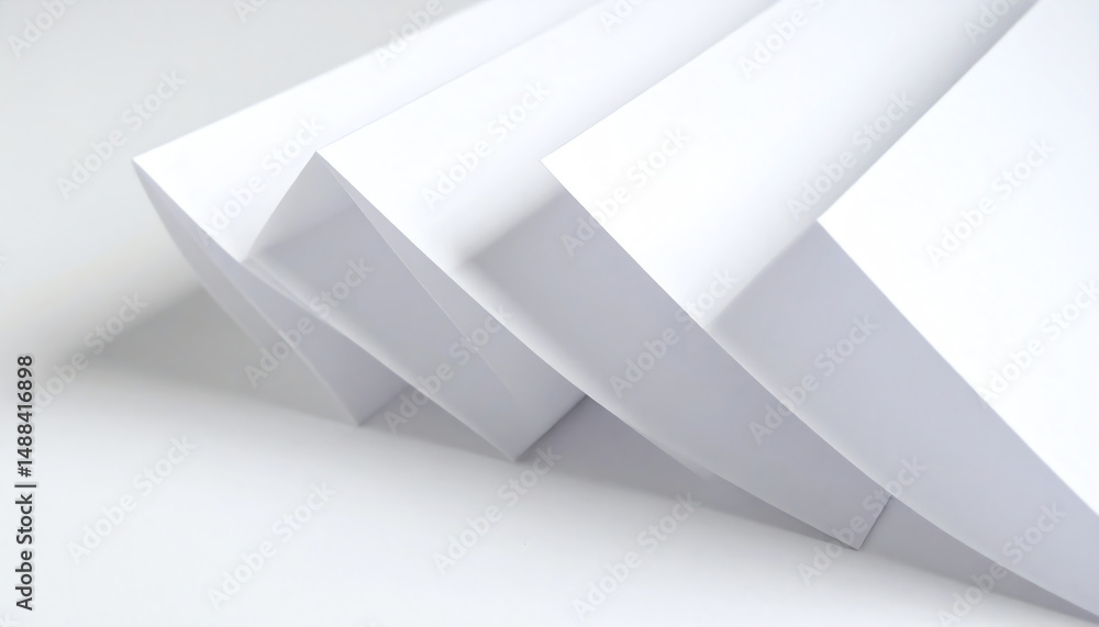 Poster a close-up view of neatly arranged white sheets of paper, showcasing their smooth edges and folds, s