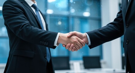 Two business people in suits shaking hands in an office environment.