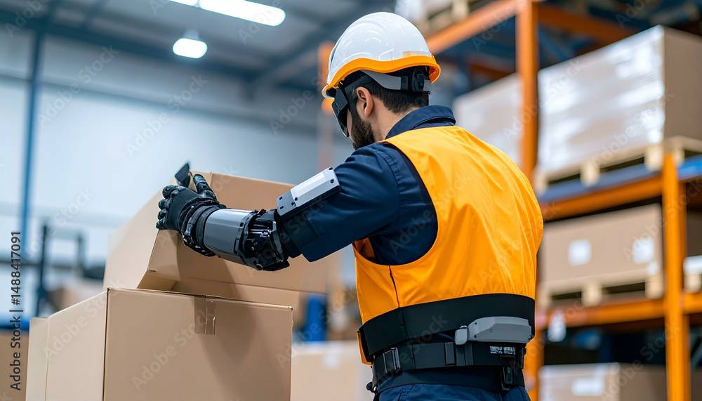 Poster warehouse worker with a robotic arm handling cardboard boxes. image shows futuristic technology in l