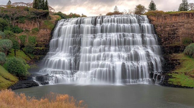 Cascading waterfall in lush green valley setting at sunrise.