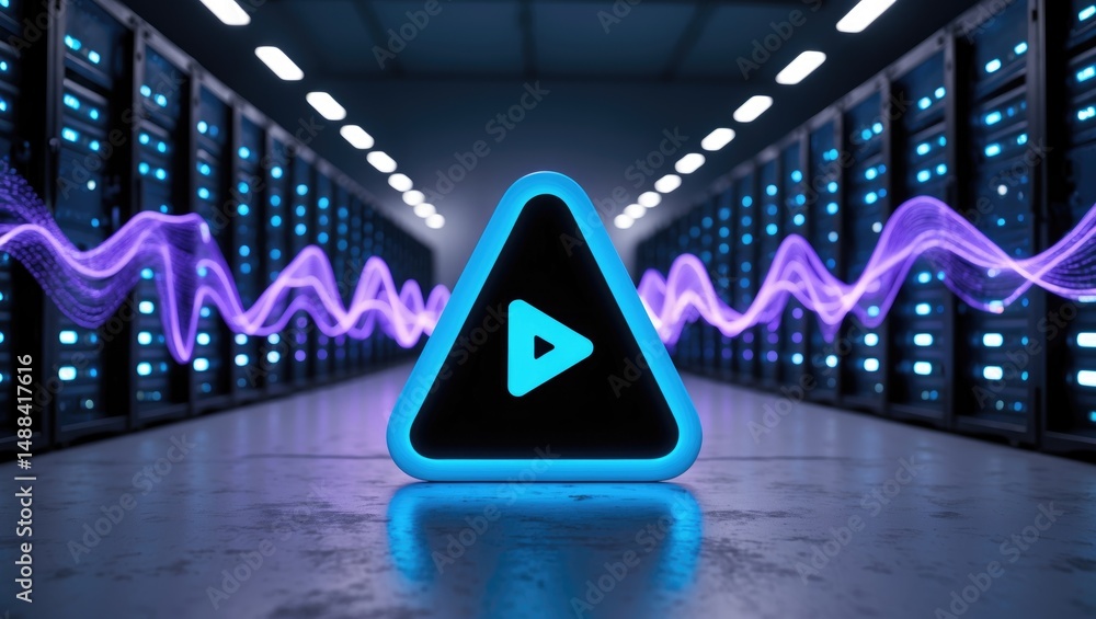 Aufkleber digital waves in a vacant server room with a play icon and rising subscriptions, illustrating social