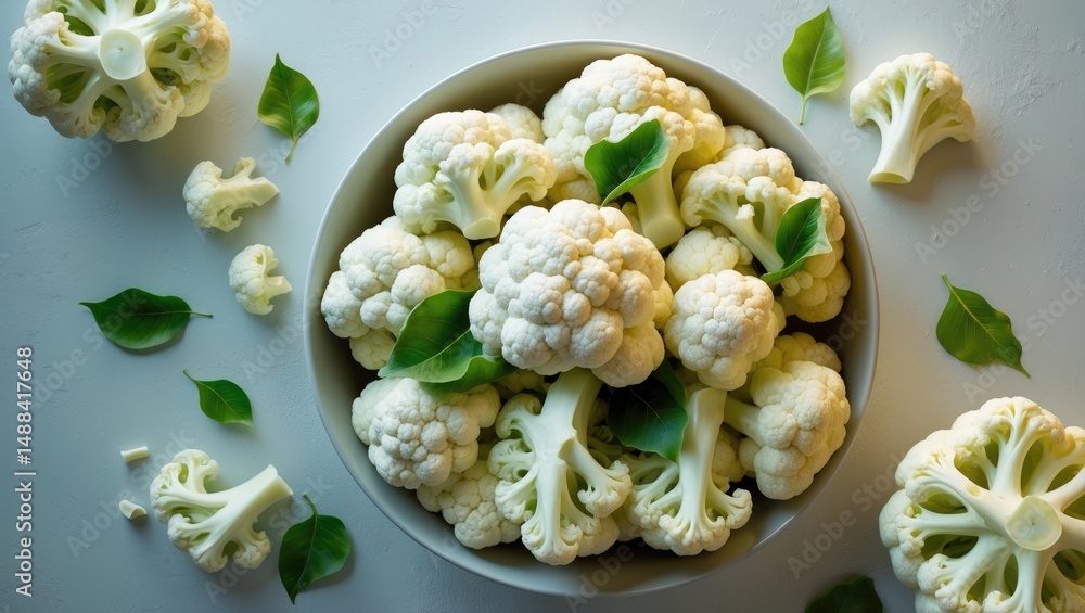 Poster cauliflower displayed against a background, overhead perspective, with space for text.
