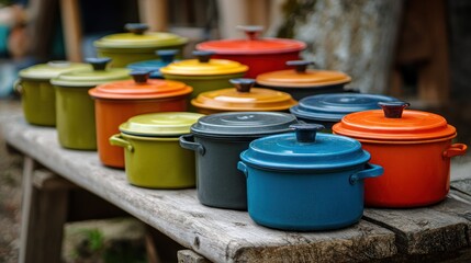 Naklejka premium Colorful Enamel Pots and Pans on Rustic Wooden Table