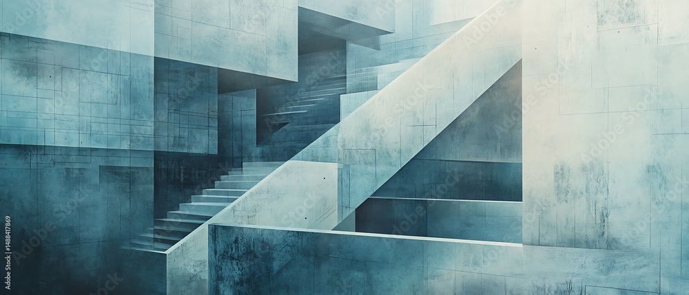 Poster abstract concrete staircase structure geometric forms in blue textured background