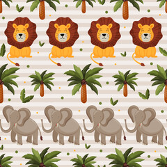 Summer seamless pattern with exotic plants and wild animals. Palm tree ornament, elephant and lion vector illustration