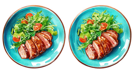 Watercolor Grilled Sliced Beef Steak with Salad Clipart — Steak Dish on Turquoise Plates Illustration on Transparent Background

