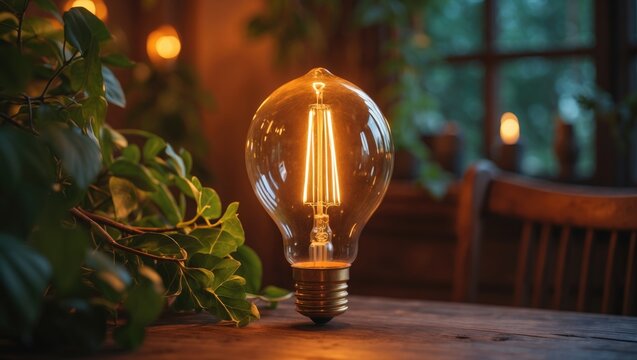 High-angle view of glowing bulb resting on table, emphasizing originality and concept, retro lighting decor with selective focus