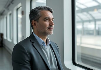Fototapeta premium Businessman looking out train window