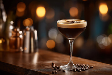 Espresso martini in a cocktail glass with coffee beans on top, set on dark wood bar counter with gentle bokeh.