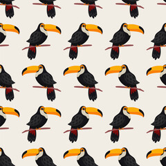 Fototapeta premium Summer seamless pattern with exotic bird toucan. Tropical wallpaper vector illustration
