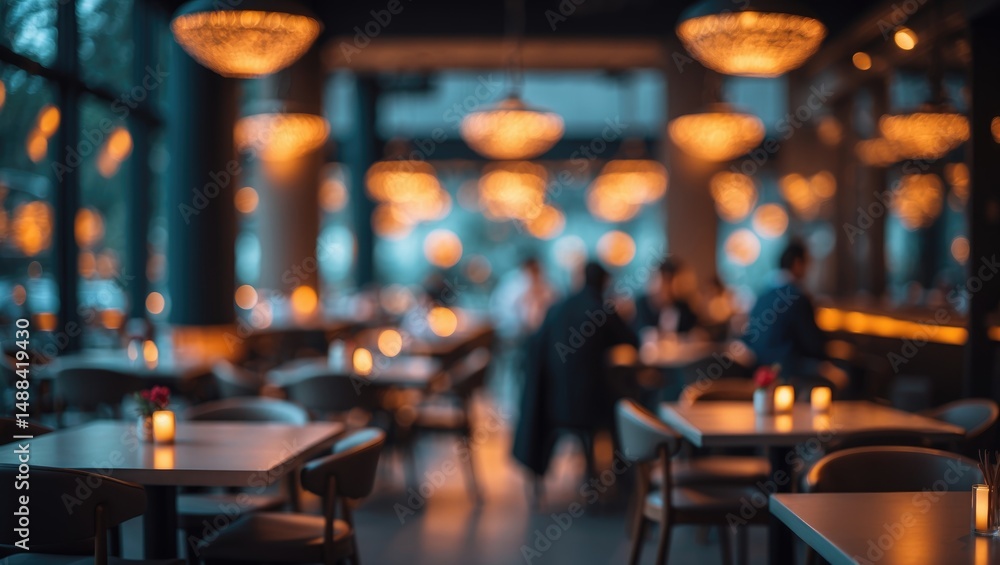 Poster cafe or restaurant backdrop with a blurred effect. lobby featuring tables and chairs. diners enjoyin