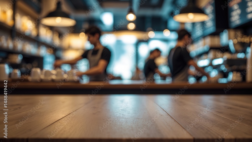 Poster empty wooden tabletop in a blurred cafe or restaurant with an abstract backdrop