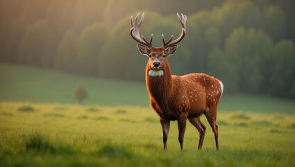 The red deer is among the largest species of deer, easily recognizable. A powerful, majestic stag is depicted in all its splendor as it moves through a grassy field.