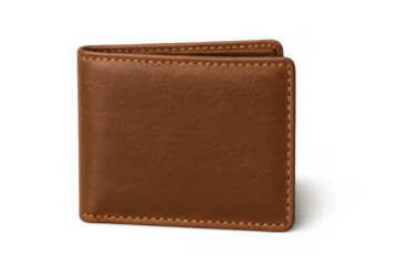 Classic brown leather wallet closed, showcasing craftsmanship with visible stitching, isolated on a transparent background
