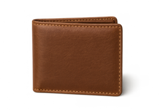 Classic brown leather wallet closed, showcasing craftsmanship with visible stitching, isolated on a transparent background
