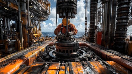 Oil rig worker maintaining machinery