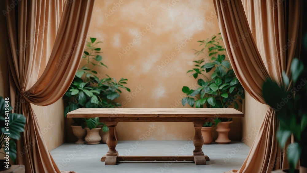 Poster Hazy background featuring an unoccupied wooden table along with curtains and greenery.