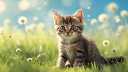 Obraz premium Adorable tabby kitten in a grassy field