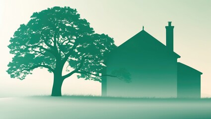 Simple green outline of a house and tree