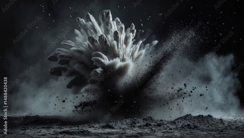 Poster eruption of black powder creating a splash of charcoal dust, captured against a dark backdrop, froze