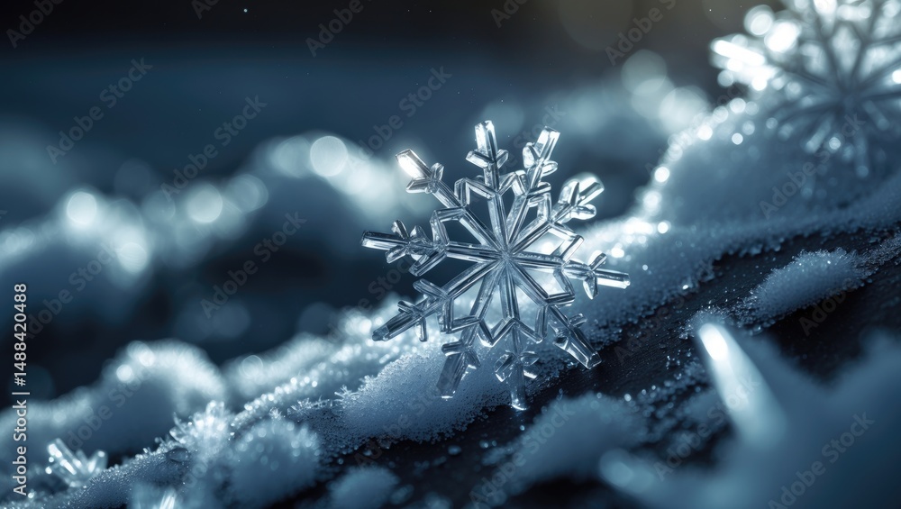 Poster close-up of elaborate ice structures shimmering on a blanket of snow, highlighting the exquisite and