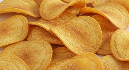 Close-up of crispy potato chips golden brown snack food.