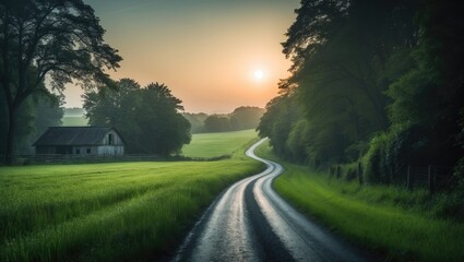Obraz premium Rising sun bathes rural landscape with farm along country road at dawn in early summer