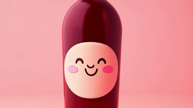 Joyful Elixir: A playful bottle of red liquid with a charming cartoon face smiles against a vibrant pink backdrop.