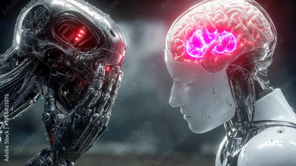 Poster a chrome-finished robot whispers to a white humanoid android with a glowing red brain in a dramatic 