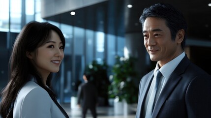 Business professionals engage in a friendly conversation in a modern corporate office in Asia