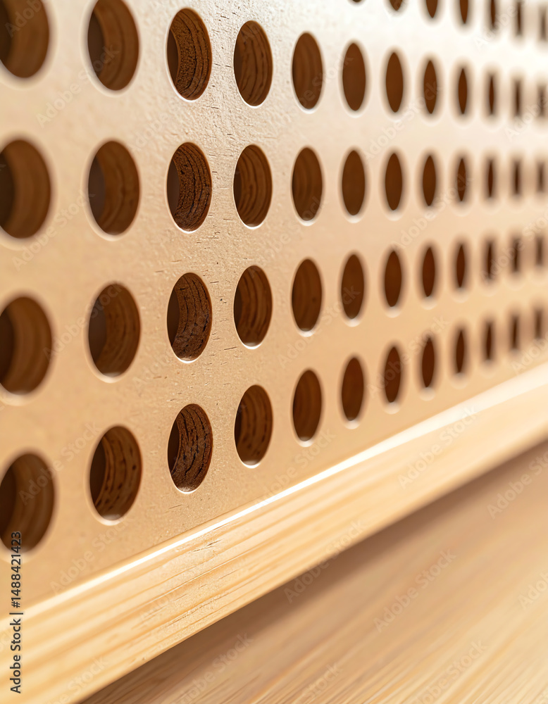 Poster a close-up view of a perforated wooden panel displaying a series of evenly spaced holes, highlightin