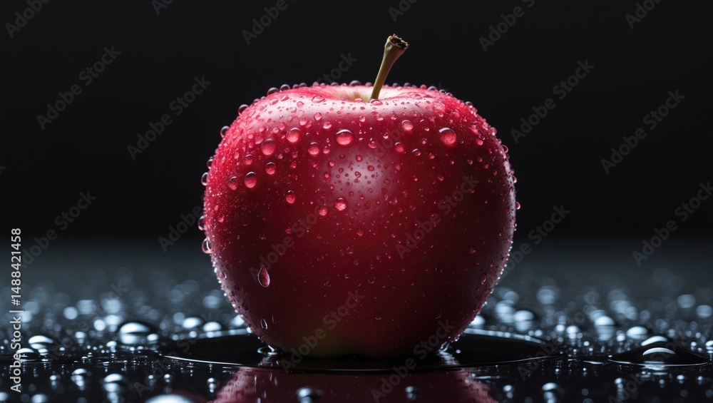 Poster fresh red apple with water droplets on a background providing space for text