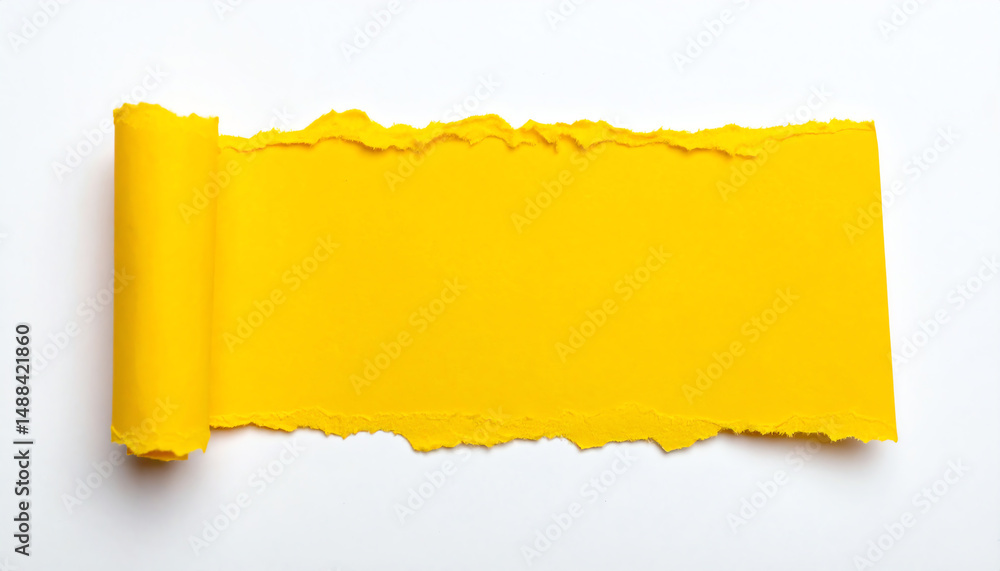 Poster bright yellow textured paper with a torn edge, rolled at one end, set against a clean white backgrou