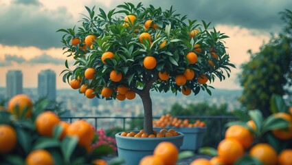 Orange tree contained in a flower pot full of orange fruits. Mini tangerines growing on it.