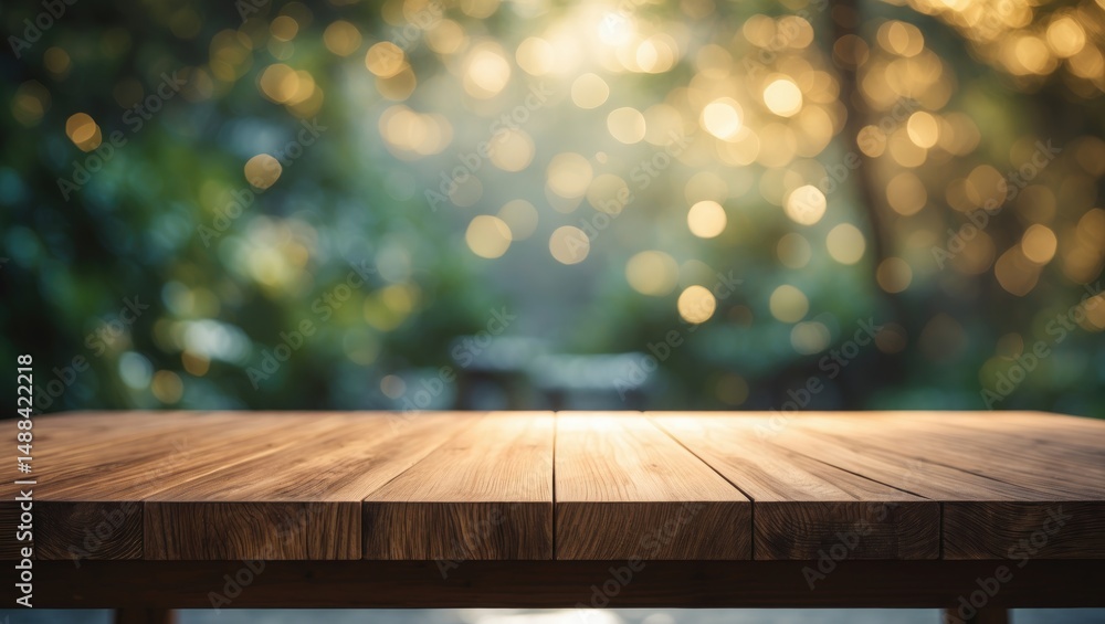 Poster clear wood table set in a blurred environment for displaying your product or design