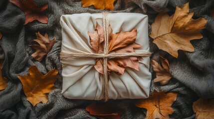 zero waste gift wrapping using fabric furoshiki style, soft warm light, reusable cloth with natural twine and dry leaves, top-down flat lay, eco-friendly celebration and holiday